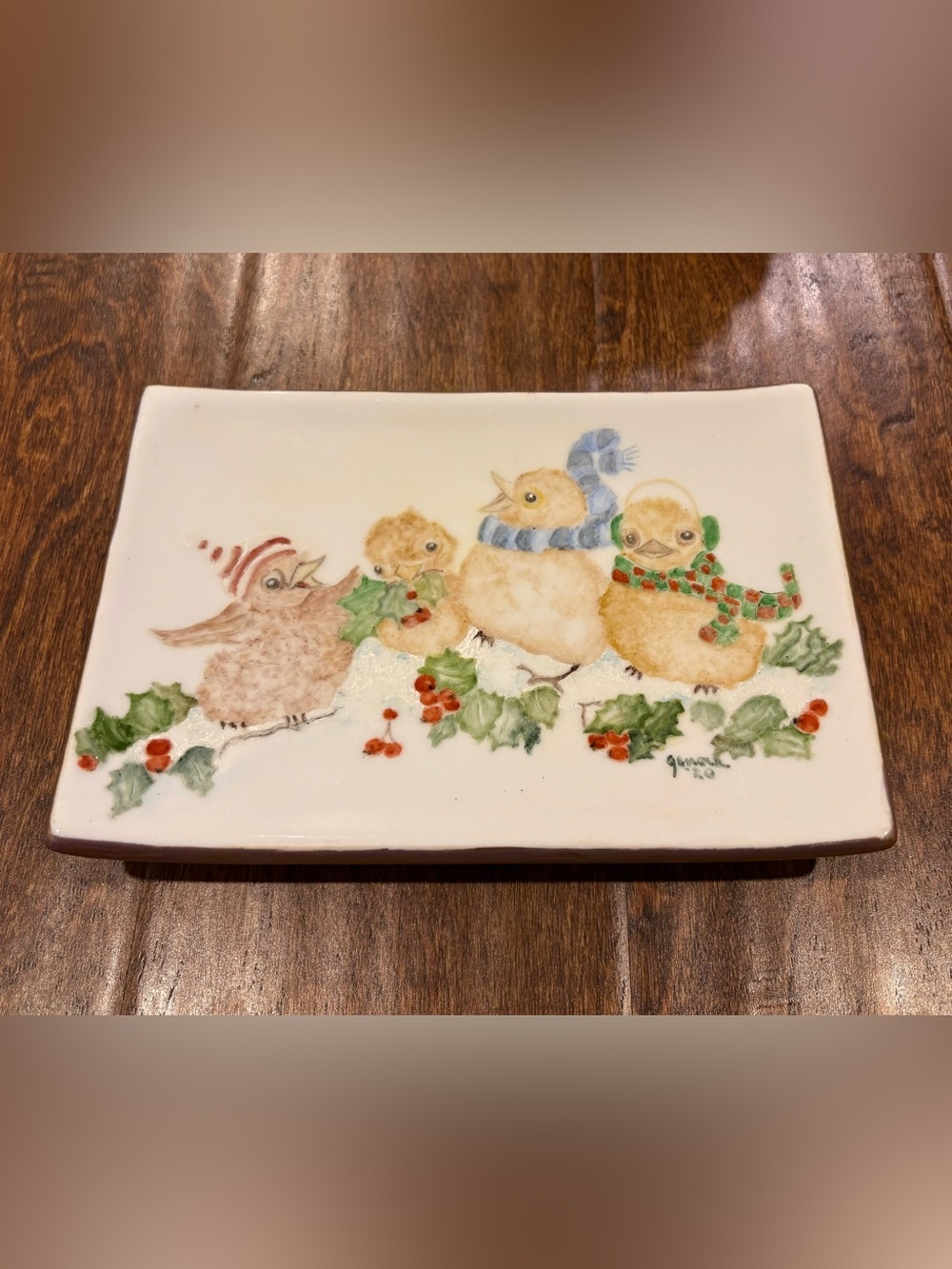 Pier 1 Christmas Rectanglular Plate Whimsical Festive Chicks Holly 8x5.5 in